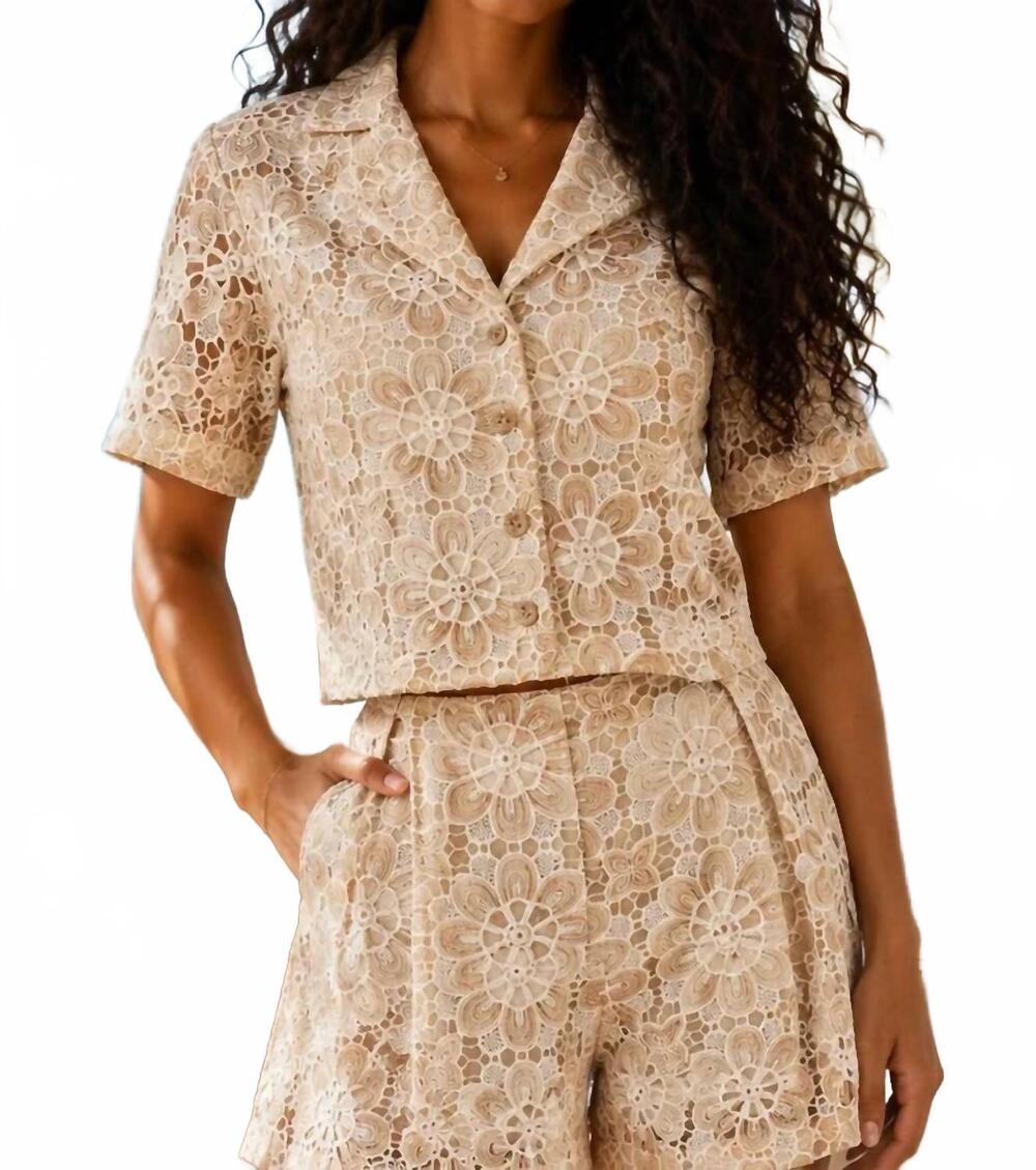 NEW SURELYMINE maribel floral lace button-up top & shorts set in beige